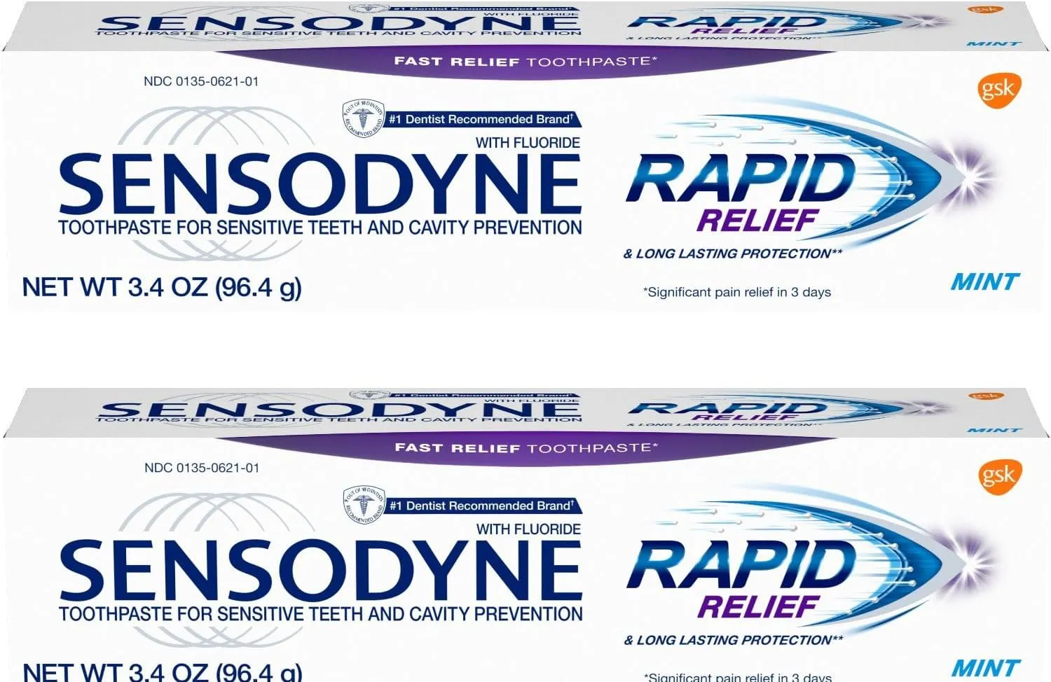 Sensodyne Rapid Relief Sensitivity and Cavity Prevention Toothpaste, Mint, 3.4 oz (96.4g) - Pack of 2