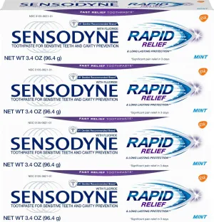 Sensodyne Rapid Relief Sensitivity and Cavity Prevention Toothpaste, Mint, 3.4 oz (96.4g) - Pack of 4