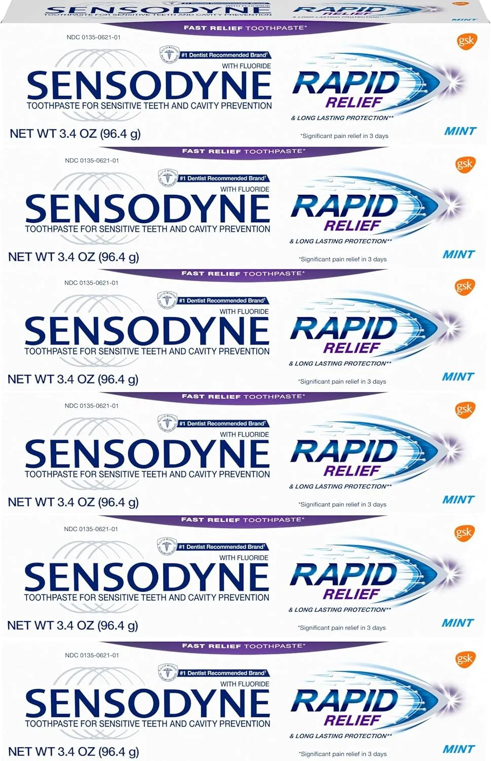 Sensodyne Rapid Relief Sensitivity and Cavity Prevention Toothpaste, Mint, 3.4 oz (96.4g) - Pack of 6