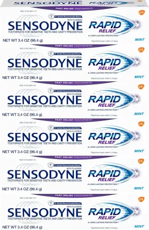 Sensodyne Rapid Relief Sensitivity and Cavity Prevention Toothpaste, Mint, 3.4 oz (96.4g) - Pack of 6