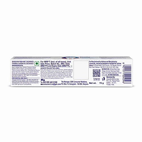 Sensodyne Fresh Mint Sensitivity Toothpaste for Sensitive Teeth and Fresh Breath 75g (Pack of 1)