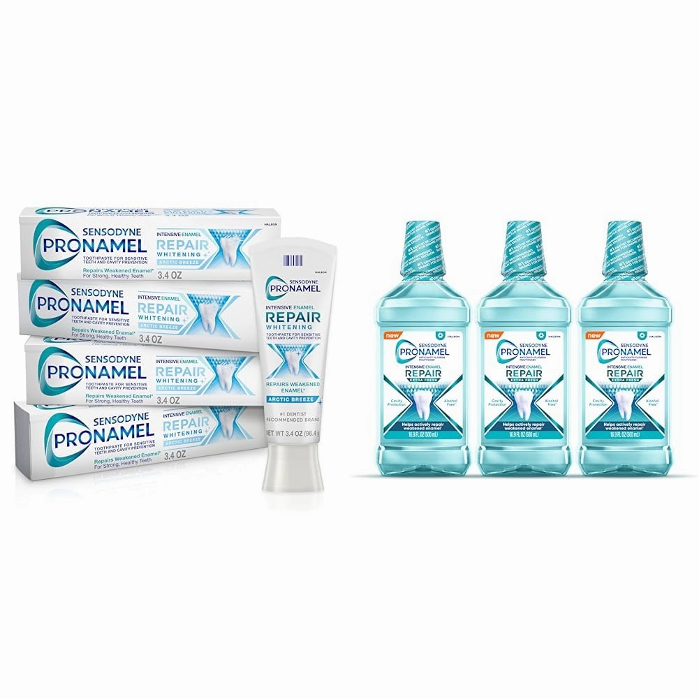 Sensodyne Pronamel Intensive Enamel Repair Toothpaste & Mouthwash Bundle - Sensitive Teeth & Cavity Protection, Whitening Toothpaste (Pack of 4, 3.4 oz) & Mouthwash (3 x 16.9 fl oz)