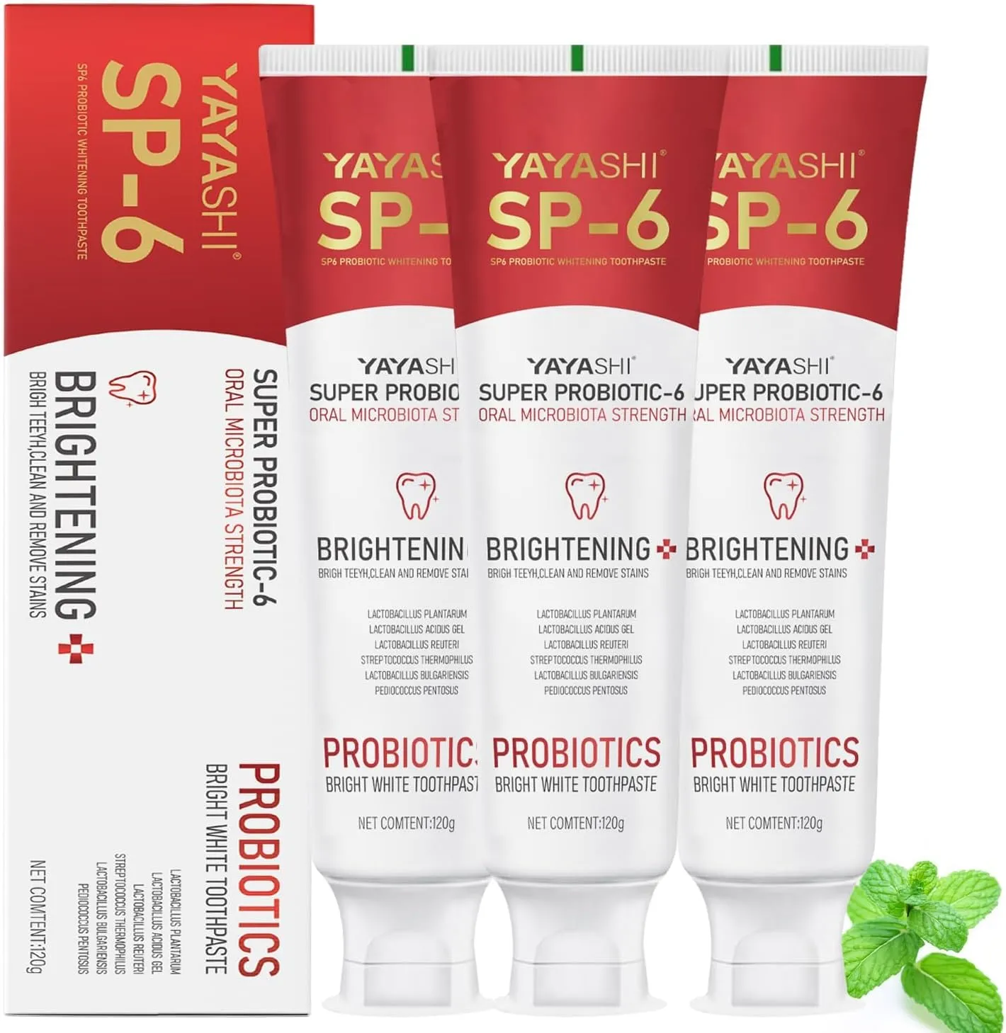 Set of 3 SP-6 Probiotic Whitening Toothpaste - Enhanced Formula with 6 Probiotics for Teeth Whitening and Gum Health - Enamel-Safe, Fluoride-Free, Fresh Mint Flavor, 4.6oz