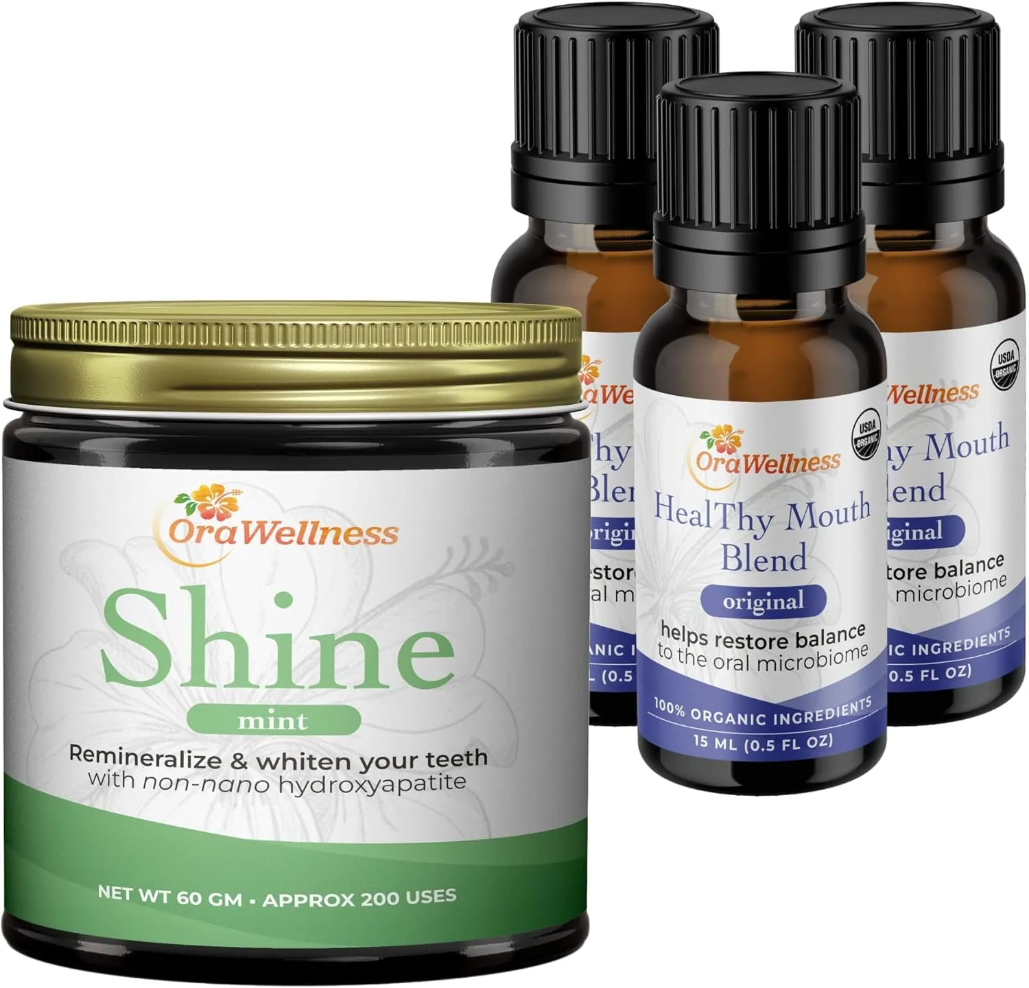 Shine Remineralizing Natural Teeth Whitening Powder in Mint   Healthy Mouth Blend Organic Toothpaste & Mouthwash Alternative Tooth Oil, Pack of 3