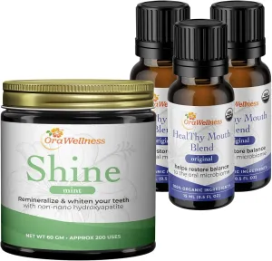 Shine Remineralizing Natural Teeth Whitening Powder in Mint   Healthy Mouth Blend Organic Toothpaste & Mouthwash Alternative Tooth Oil, Pack of 3