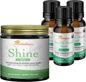Shine Remineralizing Natural Teeth Whitening Powder in Mint   Nut Free Healthy Mouth Blend Organic Toothpaste & Mouthwash Alternative Tooth Oil, Pack of 3