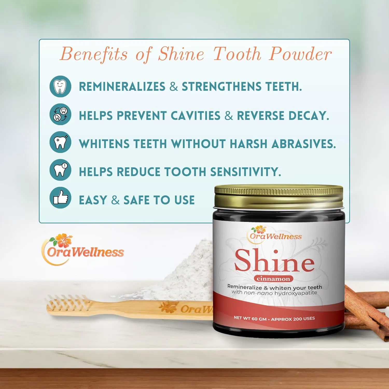 Shine Remineralizing Tooth Powder with Hydroxyapatite, Made in The USA, Flouride Free Tooth Repair, Natural Teeth Whitening Powder, Teeth Polish & Stain Remover, Cinnamon
