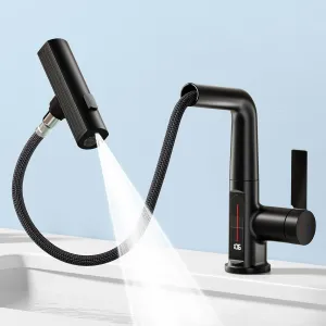 SINGSUO Bathroom Sink Faucet 1 Hole with Temperature Display, Single Hole Rotatable Bathroom Faucet with Pull Out Sprayer, Modern Pull Down Faucet with 360°Swivel Spout, 3 Spray Modes (Black)