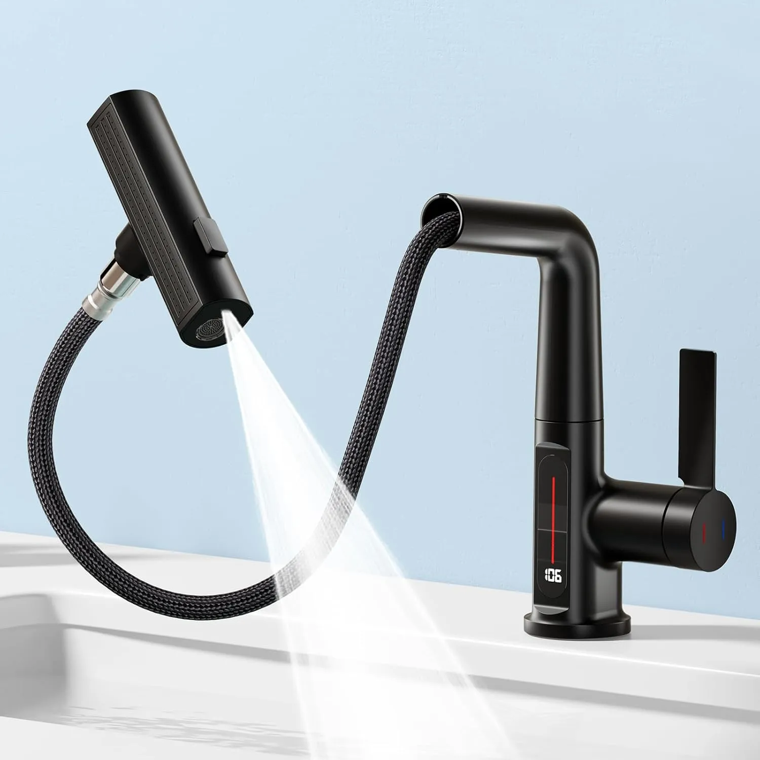 SINGSUO Bathroom Sink Faucet 1 Hole with Temperature Display, Single Hole Rotatable Bathroom Faucet with Pull Out Sprayer, Modern Pull Down Faucet with 360°Swivel Spout, 3 Spray Modes (Black)