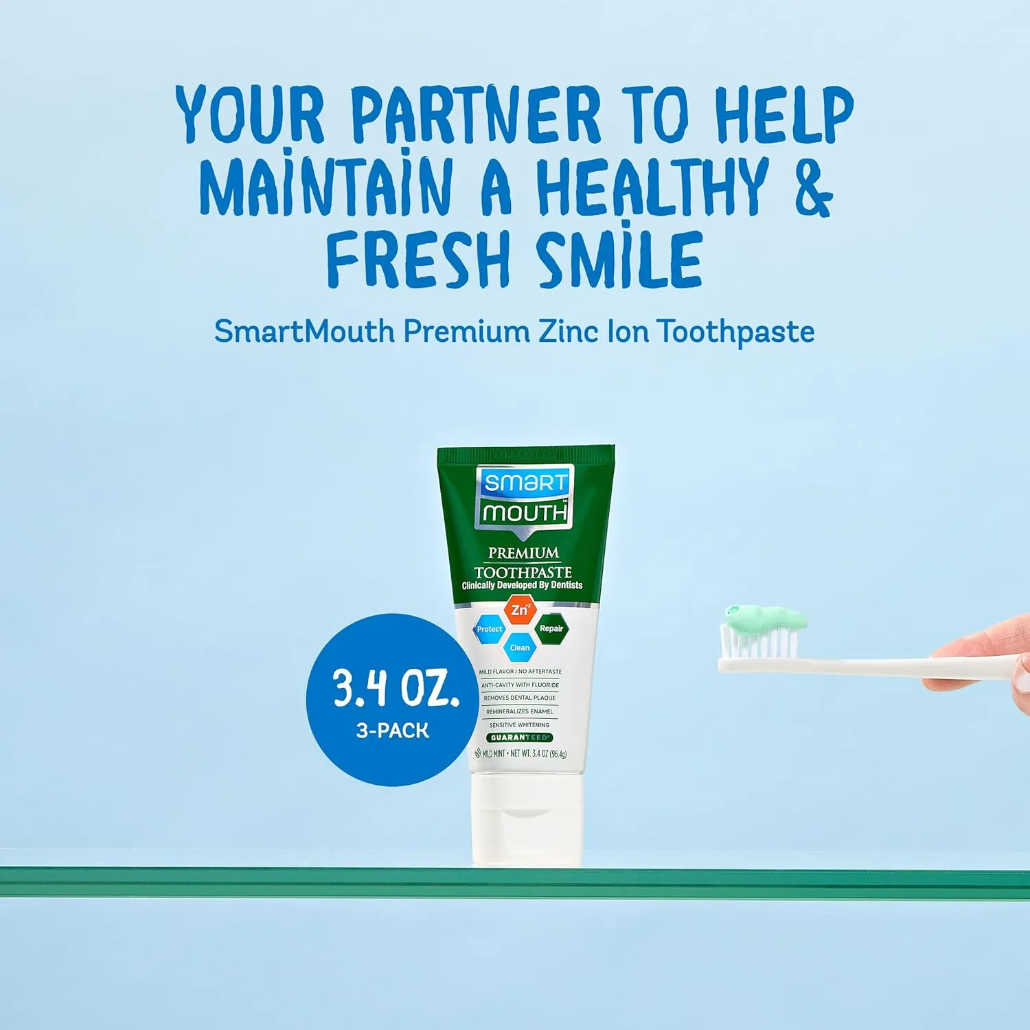 SmartMouth Premium Zinc Ion Toothpaste, Cavity, Enamel, and Plaque Help, Mild Mint, 3.4 oz, 3 Pack