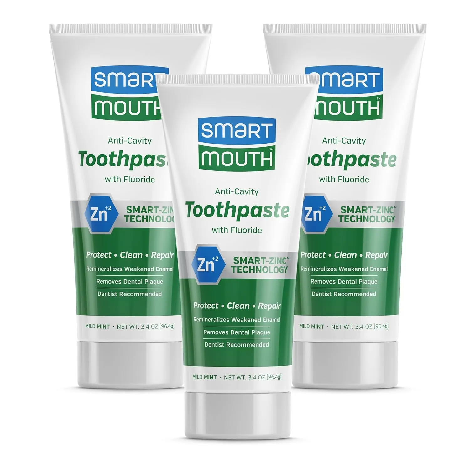 SmartMouth Premium Zinc Ion Toothpaste, Cavity, Enamel, and Plaque Help, Mild Mint, 3.4 oz, 3 Pack