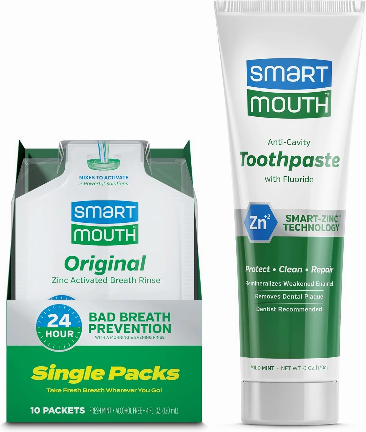 SmartMouth Original Activated Mouthwash Single Packs & Premium Zinc Ion Toothpaste