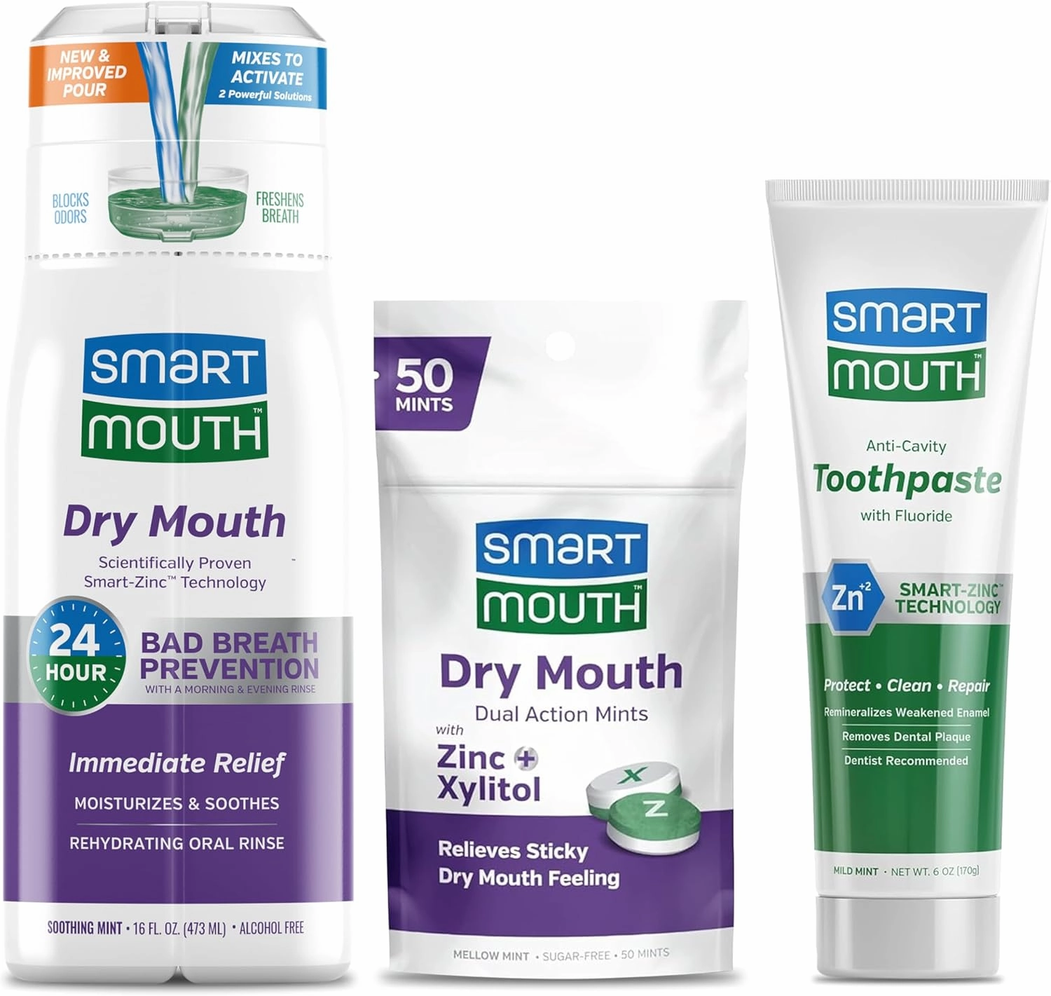 SmartMouth Package with Dry Mouth Activated Mouthwash - 16 Fl Oz Dry Mouth Oral Rinse - Dual-Action Mints, 50 Count - Premium Zinc Ion Toothpaste