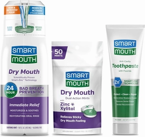 SmartMouth Package with Dry Mouth Activated Mouthwash - 16 Fl Oz Dry Mouth Oral Rinse - Dual-Action Mints, 50 Count - Premium Zinc Ion Toothpaste