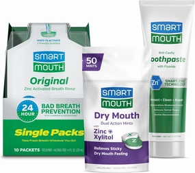 SmartMouth Package with Original Activated Mouthwash - 16 Fl Oz Dry Mouth Oral Rinse - Dual-Action Mints, 50 Count - Premium Zinc Ion Toothpaste