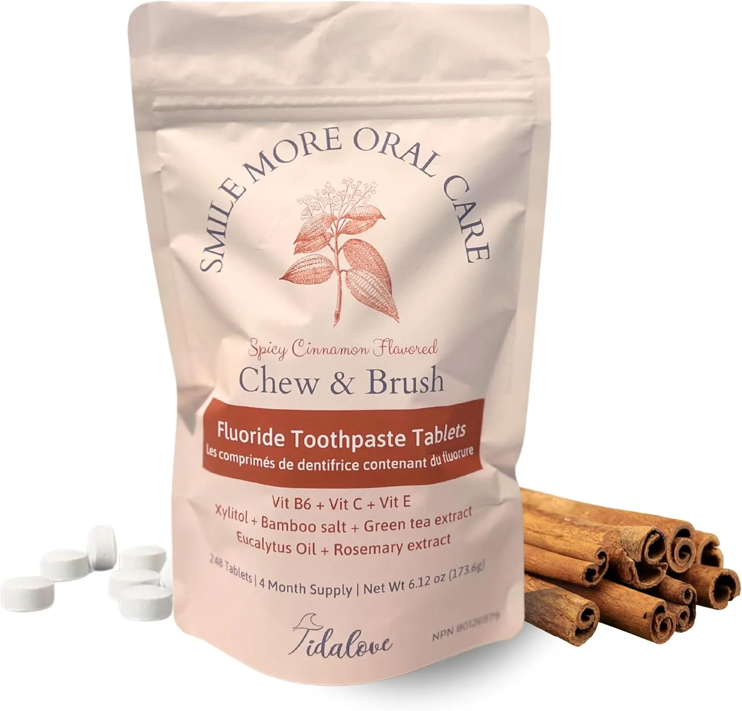 Smile More Toothpaste Tablets with Fluoride, Anti-Cavity, Vegan, Zero Waste, Eco-Friendly, Travel Friendly, 4 Month Supply Refill Maxi Pack (248 Tablets) (Spicy Sweet Cinnamon)