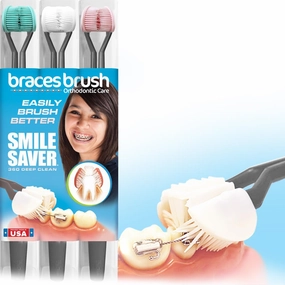 Smile Saver 360° BRACES BRUSH 3-Sided Toothbrush 3D | Three 3-Sided Toothbrush for Orthodontic Care | Wire Brackets Kids Triple Soft Bristle Heads   Tongue Scraper Toothpaste Foam Special Needs | USA