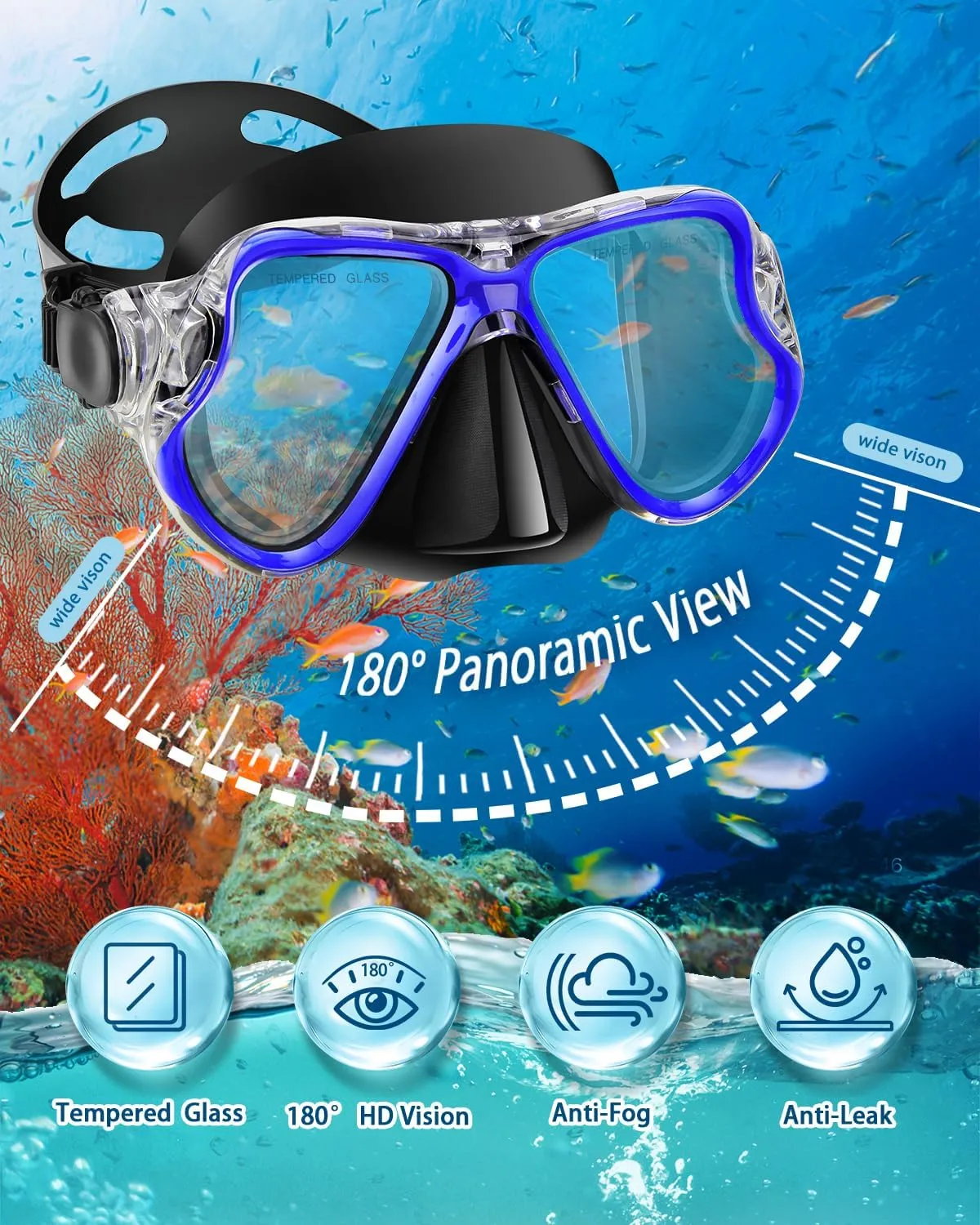 Snorkeling Gear for Adults Kids, Dry Snorkeling Set, Panoramic Anti-Leak and Anti-Fog Tempered Glass Lens, Adjustable Strap Snorkel Set with Mesh Bag Ear Plug for Snorkeling Scuba Diving Travel