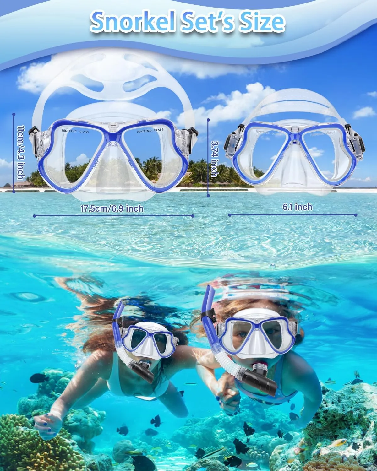 Snorkeling Gear for Adults Kids, Dry Snorkeling Set, Panoramic Anti-Leak and Anti-Fog Tempered Glass Lens, Adjustable Strap Snorkel Set with Mesh Bag Ear Plug for Snorkeling Scuba Diving Travel