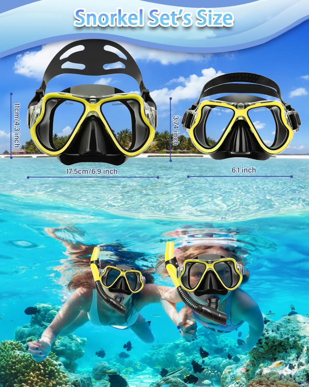 Snorkeling Gear for Adults Kids, Dry Snorkeling Set, Panoramic Anti-Leak and Anti-Fog Tempered Glass Lens, Adjustable Strap Snorkel Set with Mesh Bag Ear Plug for Snorkeling Scuba Diving Travel