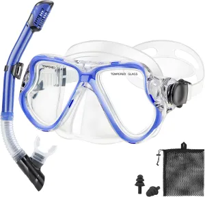 Snorkeling Gear for Adults Kids, Dry Snorkeling Set, Panoramic Anti-Leak and Anti-Fog Tempered Glass Lens, Adjustable Strap Snorkel Set with Mesh Bag Ear Plug for Snorkeling Scuba Diving Travel