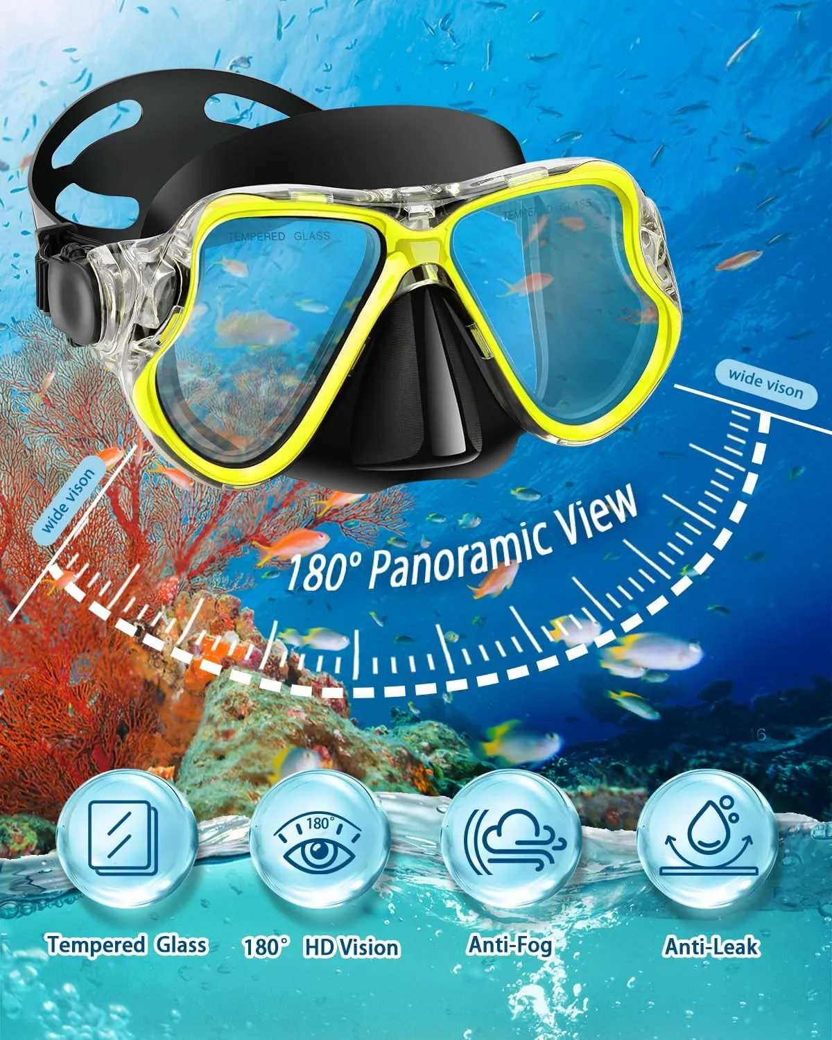 Snorkeling Gear for Adults Kids, Dry Snorkeling Set, Panoramic Anti-Leak and Anti-Fog Tempered Glass Lens, Adjustable Strap Snorkel Set with Mesh Bag Ear Plug for Snorkeling Scuba Diving Travel