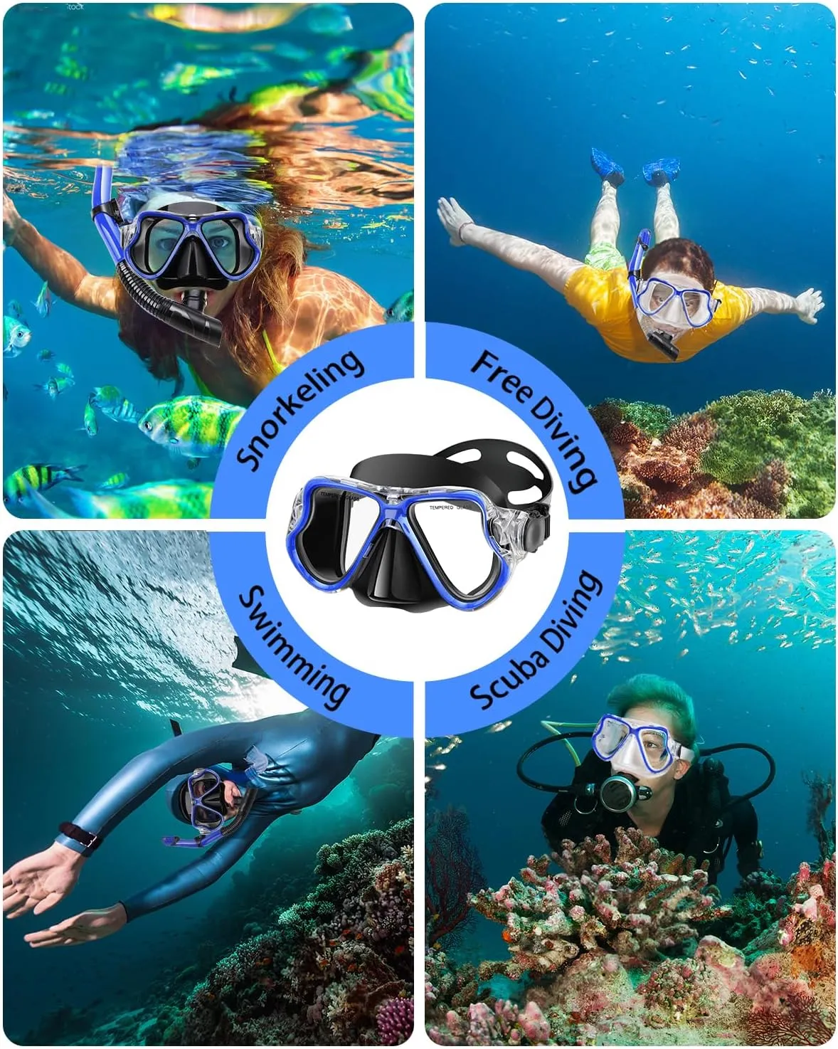 Snorkeling Gear for Adults Kids, Dry Snorkeling Set, Panoramic Anti-Leak and Anti-Fog Tempered Glass Lens, Adjustable Strap Snorkel Set with Mesh Bag Ear Plug for Snorkeling Scuba Diving Travel