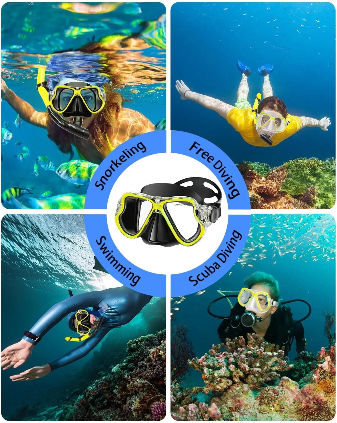 Snorkeling Gear for Adults Kids, Dry Snorkeling Set, Panoramic Anti-Leak and Anti-Fog Tempered Glass Lens, Adjustable Strap Snorkel Set with Mesh Bag Ear Plug for Snorkeling Scuba Diving Travel