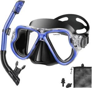 Snorkeling Gear for Adults Kids, Dry Snorkeling Set, Panoramic Anti-Leak and Anti-Fog Tempered Glass Lens, Adjustable Strap Snorkel Set with Mesh Bag Ear Plug for Snorkeling Scuba Diving Travel