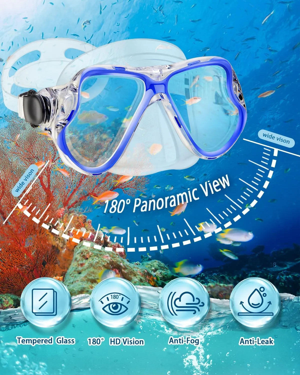 Snorkeling Gear for Adults Kids, Dry Snorkeling Set, Panoramic Anti-Leak and Anti-Fog Tempered Glass Lens, Adjustable Strap Snorkel Set with Mesh Bag Ear Plug for Snorkeling Scuba Diving Travel