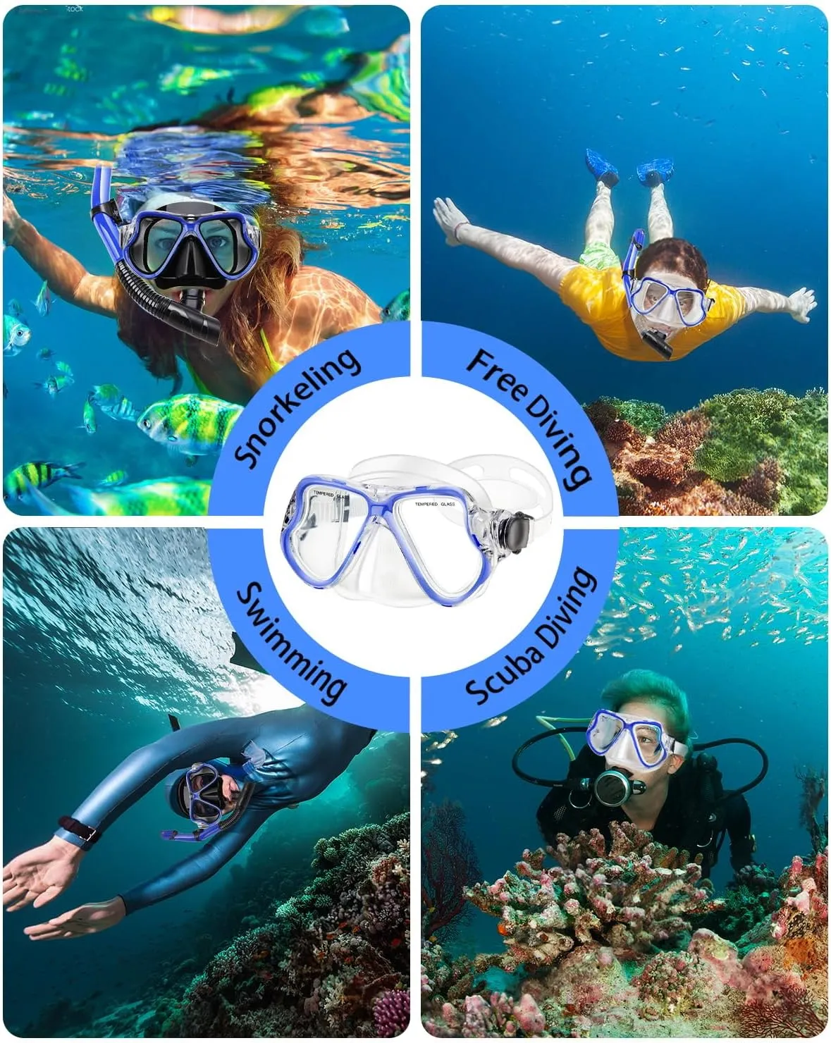 Snorkeling Gear for Adults Kids, Dry Snorkeling Set, Panoramic Anti-Leak and Anti-Fog Tempered Glass Lens, Adjustable Strap Snorkel Set with Mesh Bag Ear Plug for Snorkeling Scuba Diving Travel