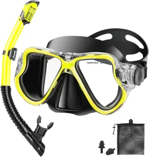 Snorkeling Gear for Adults Kids, Dry Snorkeling Set, Panoramic Anti-Leak and Anti-Fog Tempered Glass Lens, Adjustable Strap Snorkel Set with Mesh Bag Ear Plug for Snorkeling Scuba Diving Travel