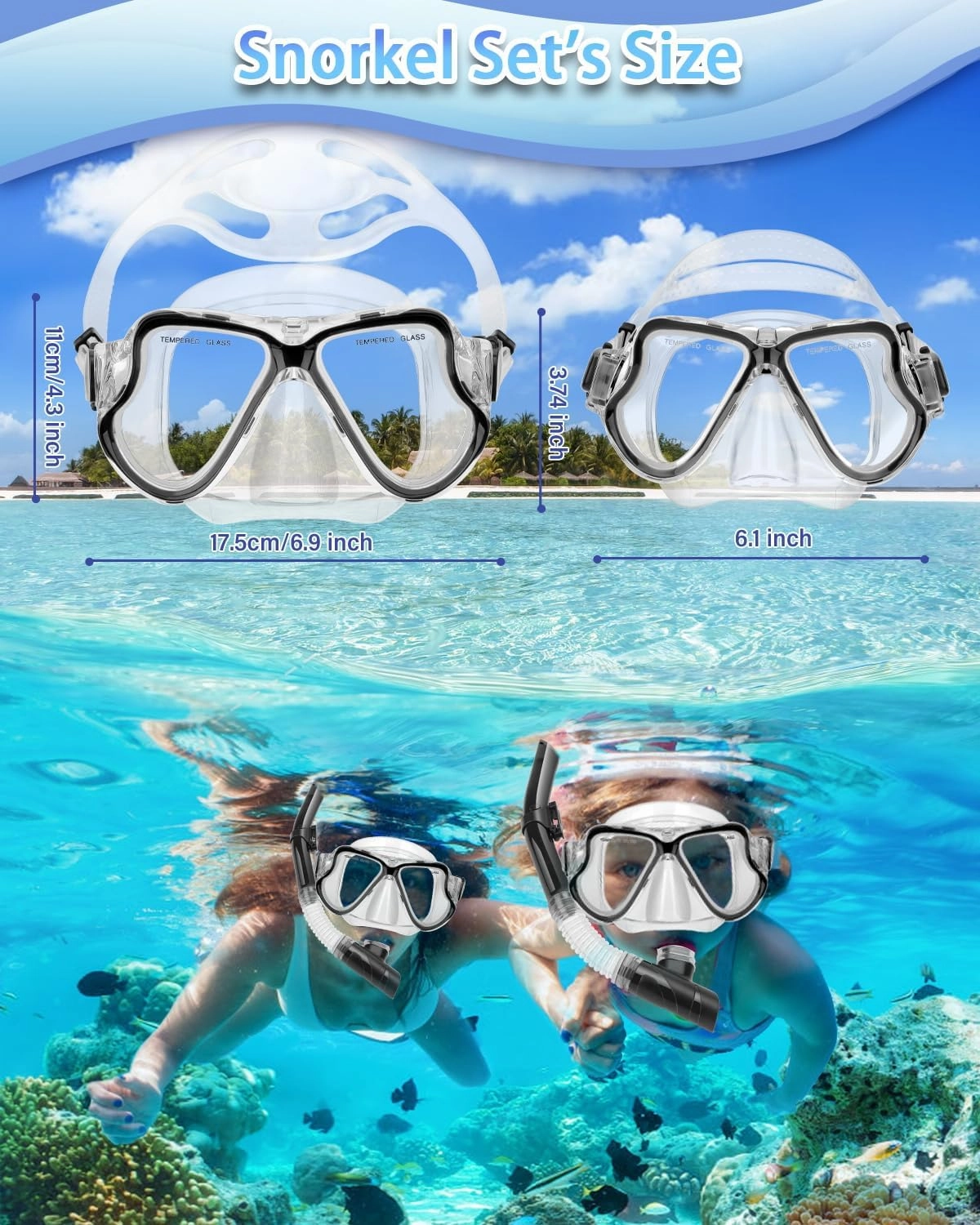 Snorkeling Gear for Adults Kids, Dry Snorkeling Set, Panoramic Anti-Leak and Anti-Fog Tempered Glass Lens, Adjustable Strap Snorkel Set with Mesh Bag Ear Plug for Snorkeling Scuba Diving Travel