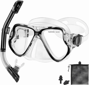 Snorkeling Gear for Adults Kids, Dry Snorkeling Set, Panoramic Anti-Leak and Anti-Fog Tempered Glass Lens, Adjustable Strap Snorkel Set with Mesh Bag Ear Plug for Snorkeling Scuba Diving Travel