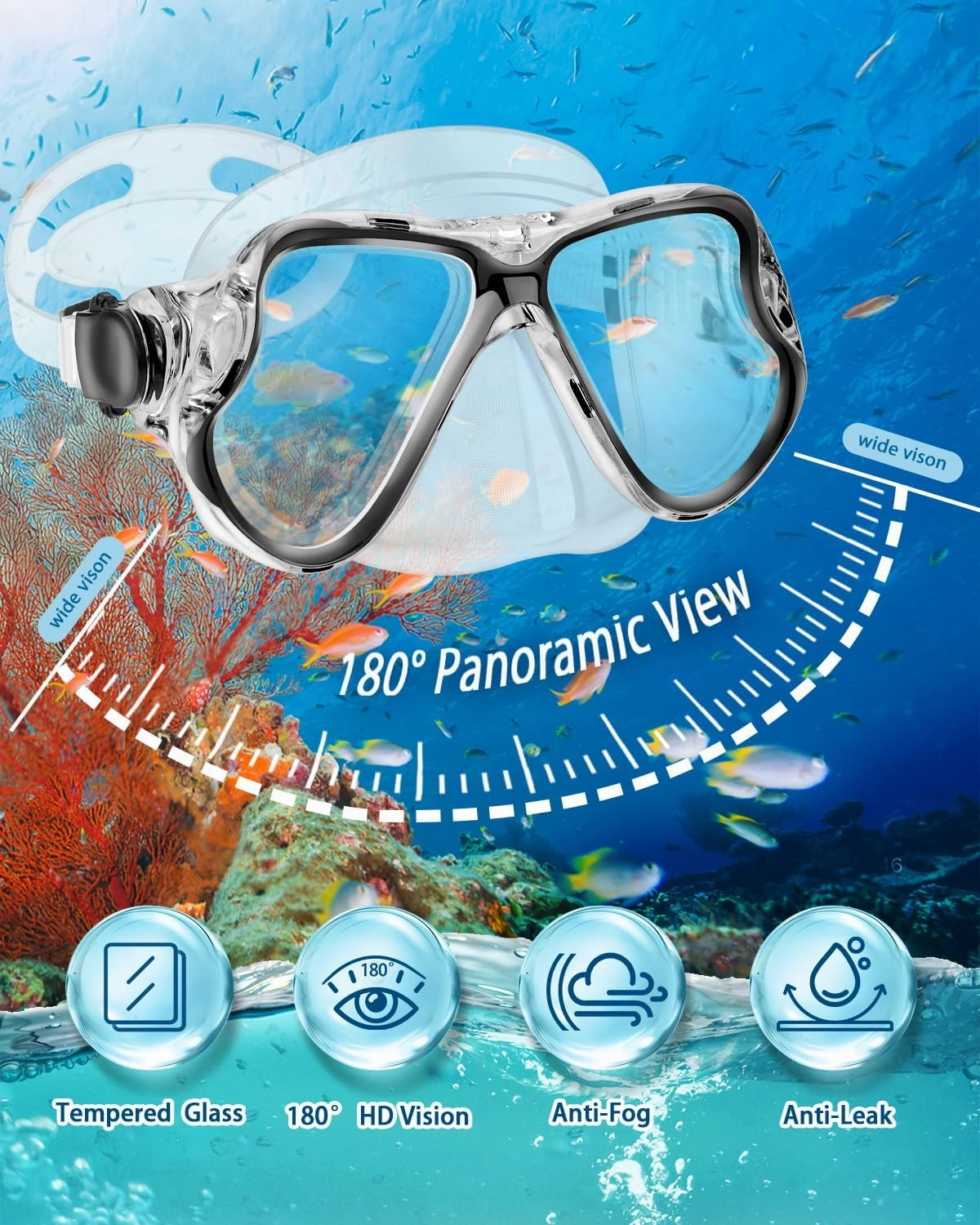 Snorkeling Gear for Adults Kids, Dry Snorkeling Set, Panoramic Anti-Leak and Anti-Fog Tempered Glass Lens, Adjustable Strap Snorkel Set with Mesh Bag Ear Plug for Snorkeling Scuba Diving Travel