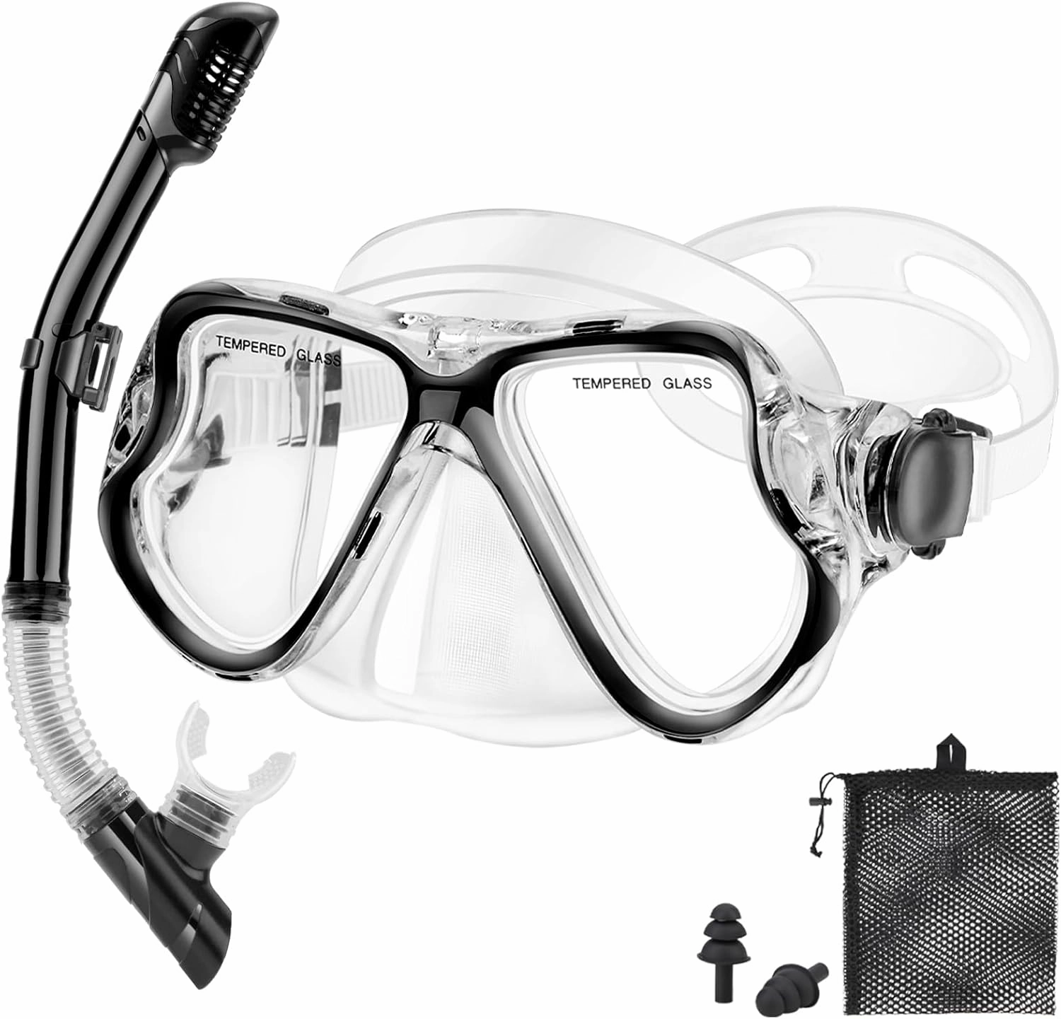 Snorkeling Gear for Adults Kids, Dry Snorkeling Set, Panoramic Anti-Leak and Anti-Fog Tempered Glass Lens, Adjustable Strap Snorkel Set with Mesh Bag Ear Plug for Snorkeling Scuba Diving Travel
