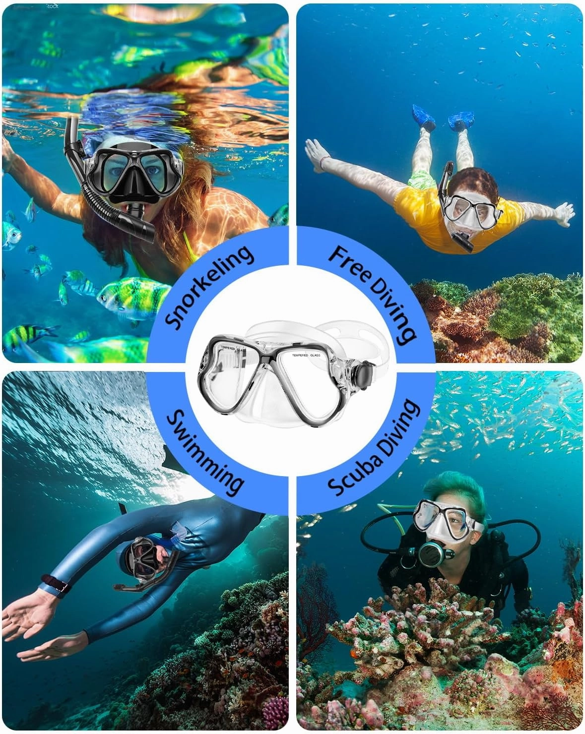 Snorkeling Gear for Adults Kids, Dry Snorkeling Set, Panoramic Anti-Leak and Anti-Fog Tempered Glass Lens, Adjustable Strap Snorkel Set with Mesh Bag Ear Plug for Snorkeling Scuba Diving Travel