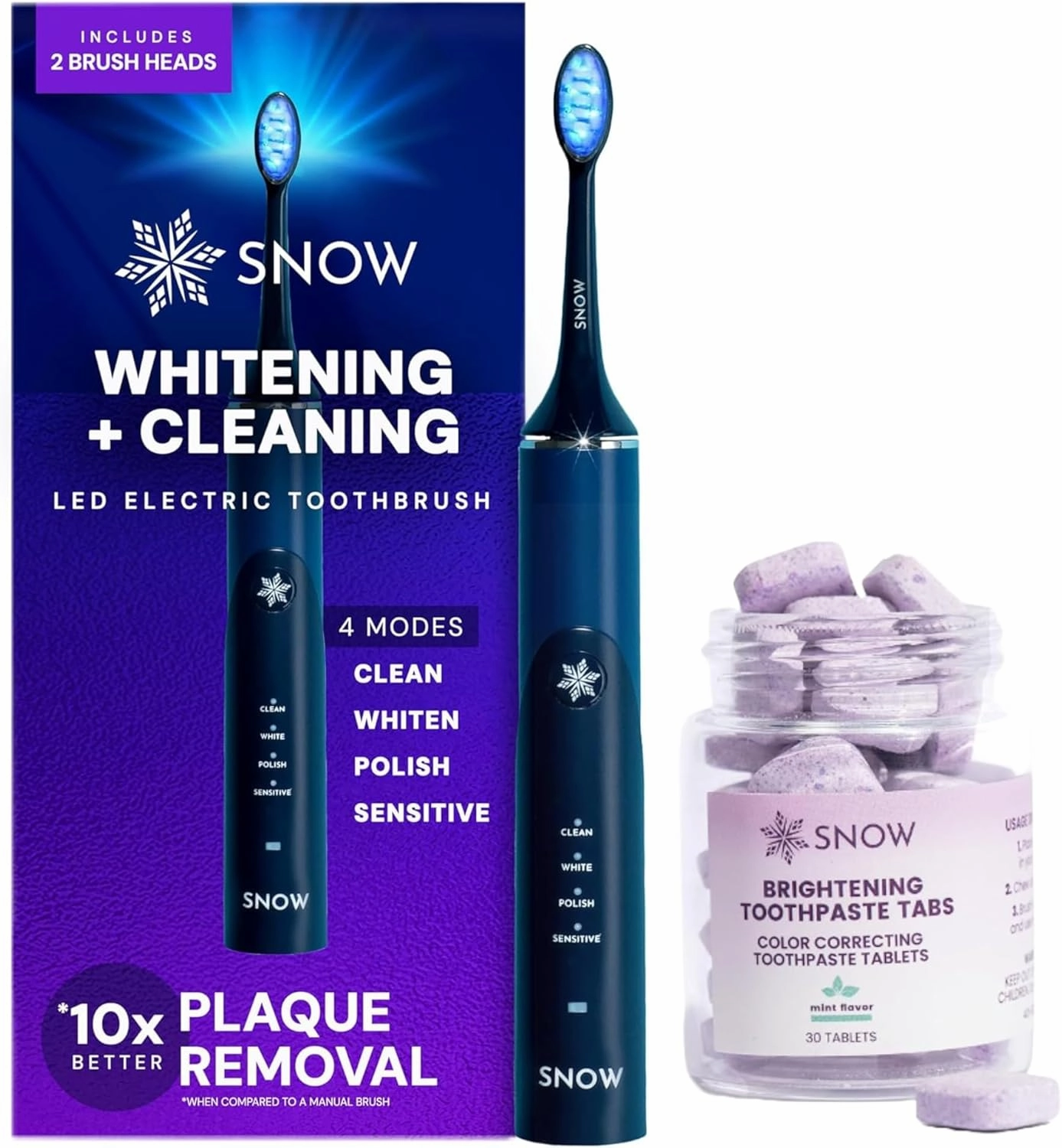 Snow Color Correcting Toothpaste Tablets and Polar Blue Electric Toothbrush Bundle
