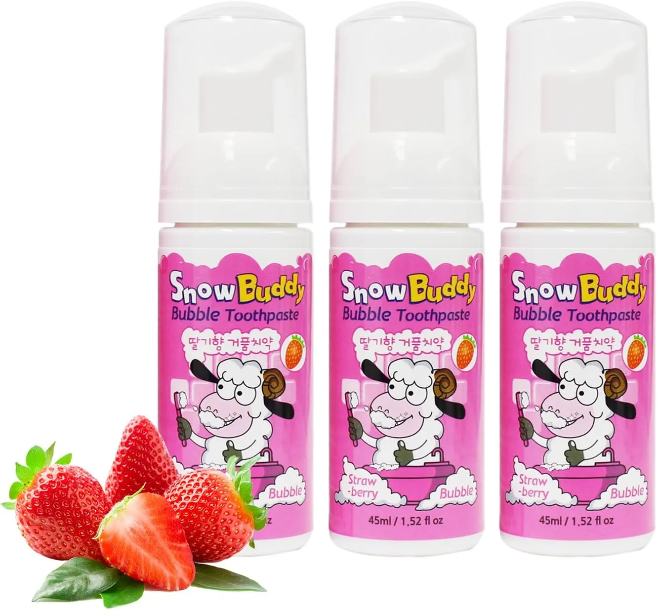 SnowBuddy Kids Foam Toothpaste - Mint, Grape, and Strawberry Flavors - Low-Fluoride and Fluoride-Free Options - 1 Pack and 3 Pack Variations Available (Pack of 3, Strawberry)
