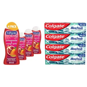 Softsoap Body Wash & Colgate Max Fresh Whitening Toothpaste with Mini Strips, Clean Mint Toothpaste for Bad Breath, Helps Fight Cavities, Whitens Teeth, and Freshens Breath, 6.3 Ounce (Pack of 4)