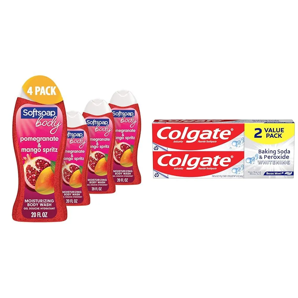 Softsoap Body Wash, Pomegranate & Mango Spritz Body Wash, 20 Fl Oz & Colgate Baking Soda & Peroxide Toothpaste - Whitens Teeth, Fights Cavities & Removes Stains, Brisk Mint, 6 Oz, 2 Pack
