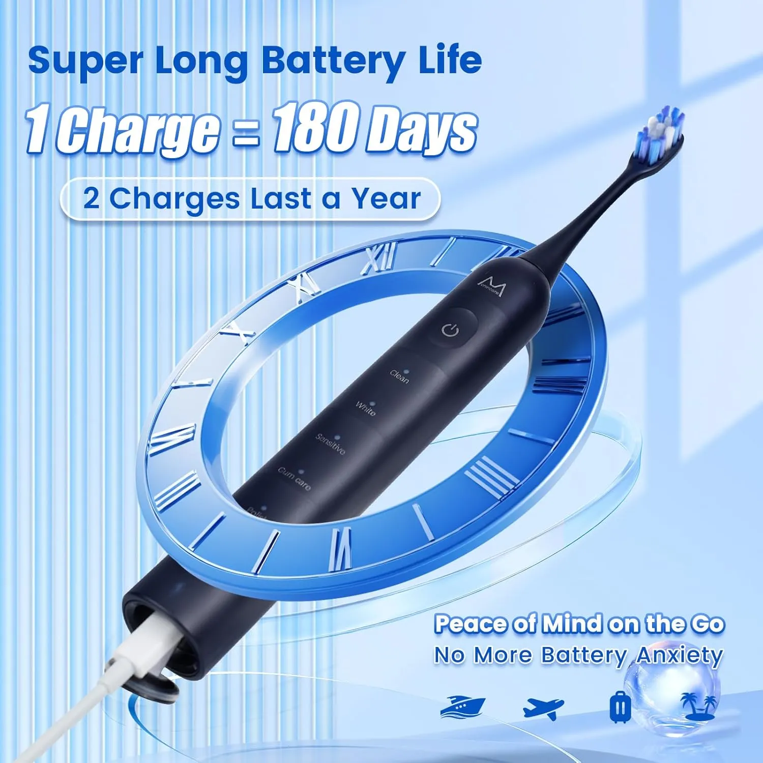 Sonic Electric Toothbrush for Adults Teens: 180 Days Battery Life, 48000VPM Motor 5 Cleaning Modes 2 Min Smart Timer 4 Quality Replacement Heads IPX8 Durable Rechargeable Travel Toothbrush
