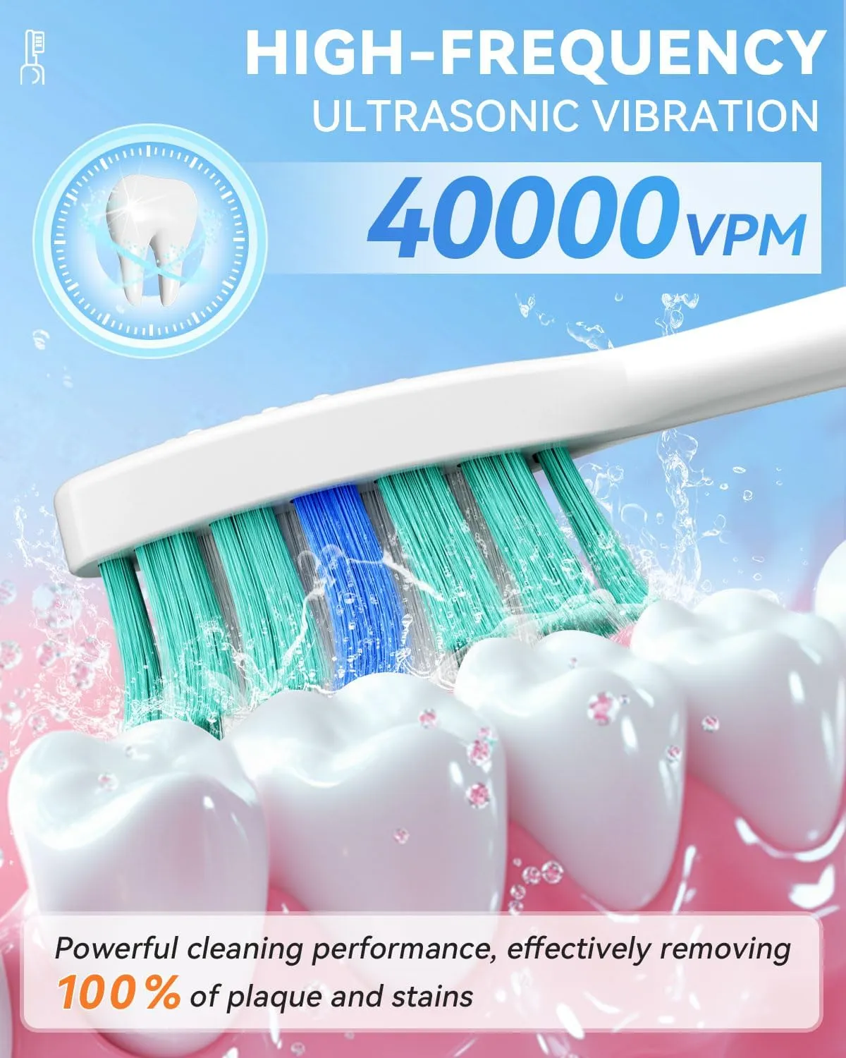 Sonic Electric Toothbrush with 40000VPM Cleaning Power for Adults&Kids, 60-Day Battery Life Rechargeable Power Toothbrush with 5 Modes, 2-Min Smart Timer, 7 Brush Heads & Travel Case (White, 1 Count)