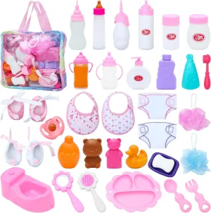 SOTOGO 34 Pieces Baby Doll Care Set Dolls Feeding and Changing Accessories Set Baby Dolls Accessories in Bag, Without Doll
