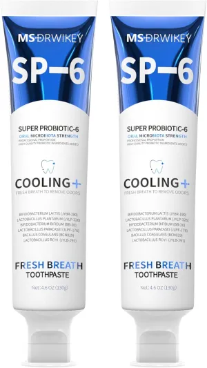 SP-6 Probiotic Cooling Fresh Breath Toothpaste - Six Probiotics for Long-Lasting Fresh Breath and Oral Health - Fluoride-Free, Enamel-Safe, Mint Flavor, 4.6oz (2)