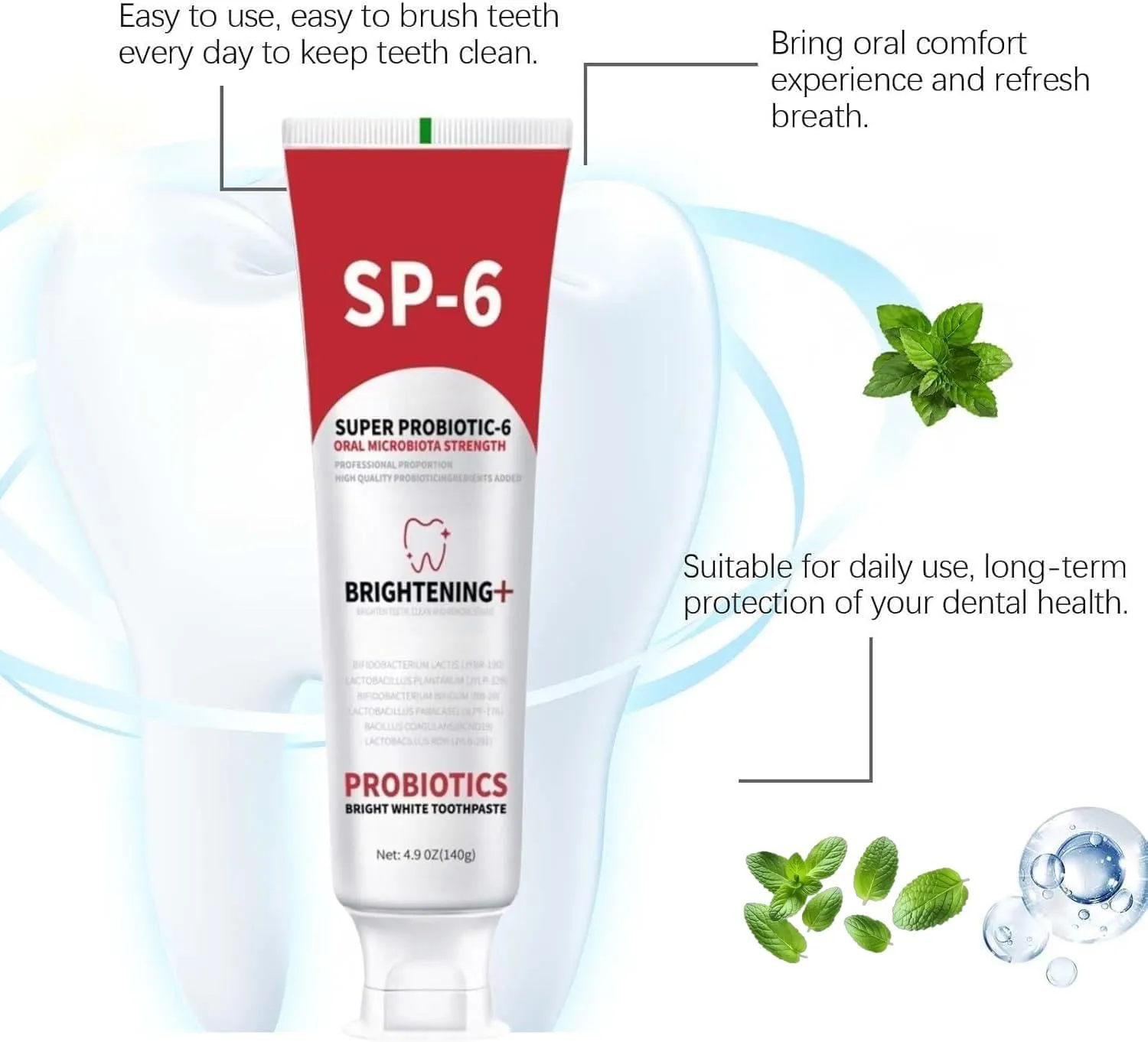 Sp-6 Probiotics Whitening Toothpaste, Sp-6 Ultra Whitening Toothpaste, Enhanced Formula with Enamel-Safe, Fluoride-Free, Fresh Breath Mint Flavor for Oral Health (4)