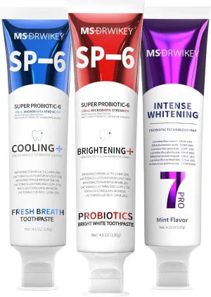 SP-6 Toothpaste, Cooling Fresh Breath, and 7-Pro Whitening Toothpaste Bundle | 6 Probiotics for Oral Health, Fluoride-Free, Safe for Enamel, Deep Whitening & Freshness