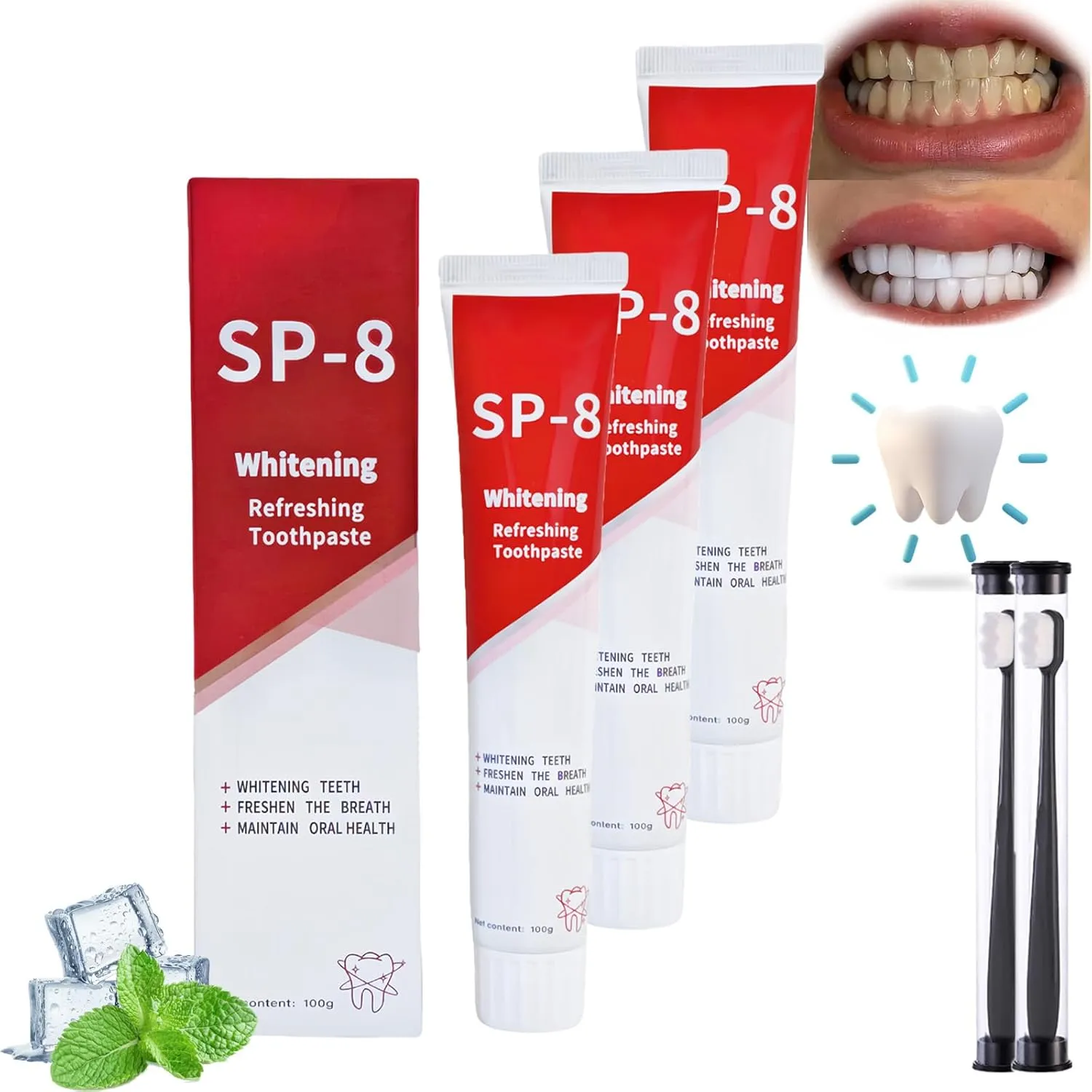 SP-8 Probiotic Oral Care - Ultra Whitening Deep Clean Toothpaste for Fresh Breath, Bright Smile - 3 Pack