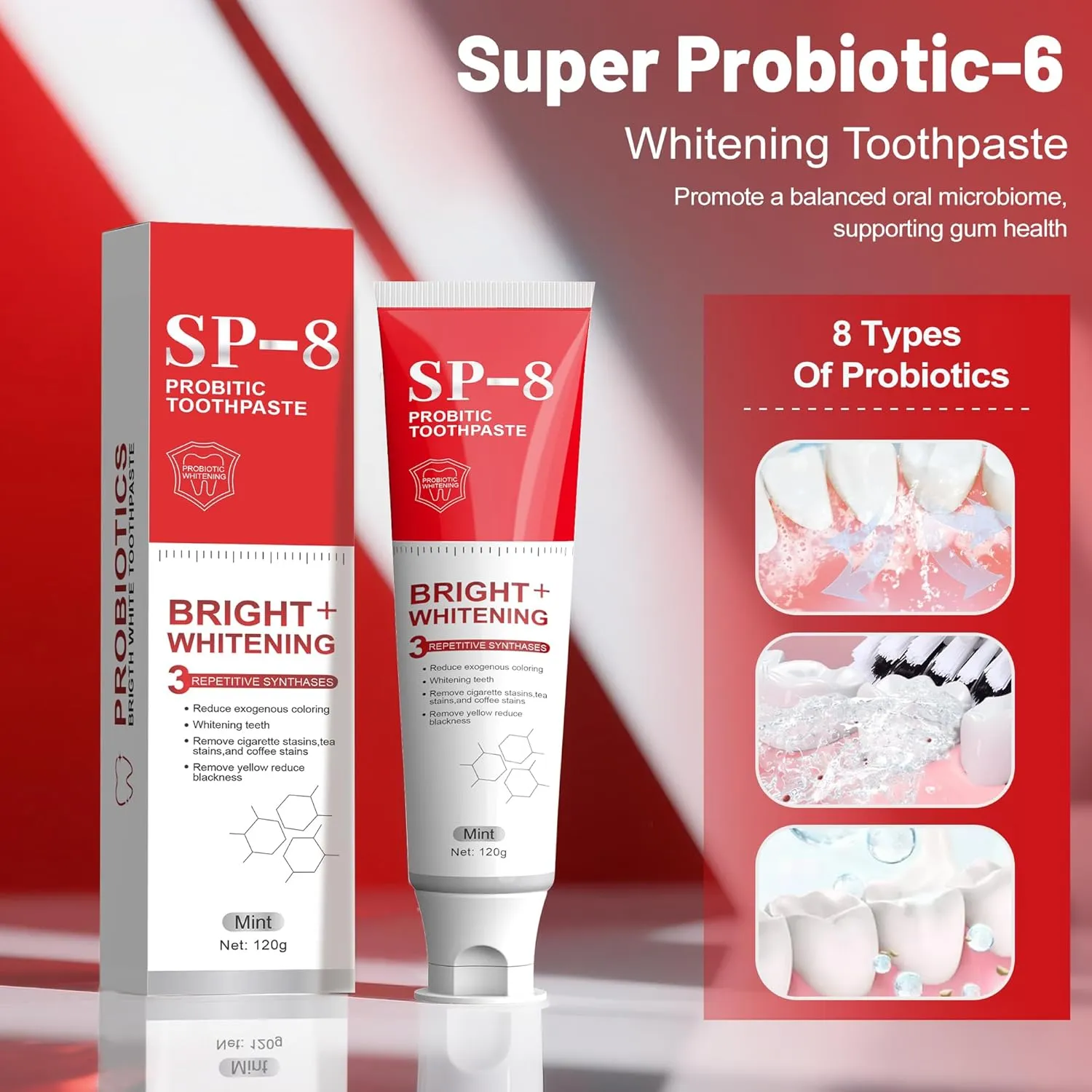 SP- 8 Probiotic Whitening Toothpaste for Teeth Whitening/Brightening & Fresh Breath, 8 Probiotics Formula for Gum Health, Fluoride-Free, Minty Fresh Flavor,4.23oz (3 Tubes)