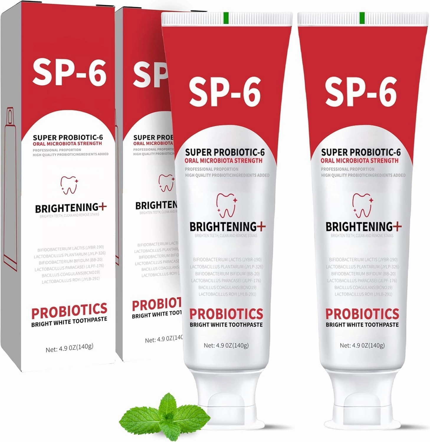 SP-6 Probiotic Whitening Toothpaste - Enhanced Formula with 6 Probiotics for Teeth Whitening and Gum Health - Enamel-Safe, Fluoride-Free, Fresh Mint Flavor, 4.9Oz (2)